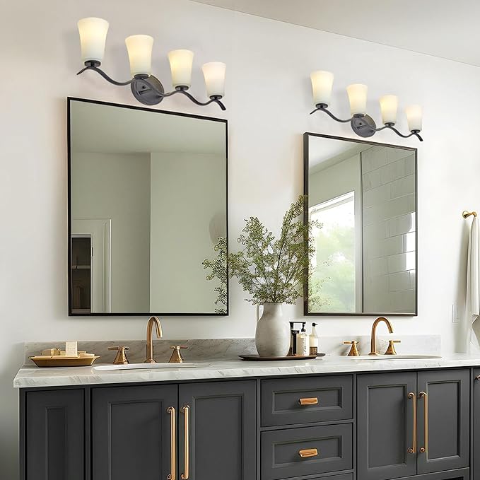 4 Light Bathroom Vanity Light Fixture, Oil Rubbed Bronze Vanity Light Fixtures with Milky White Glass Shade, Modern Bathroom Wall Sconces Lights Over Mirror