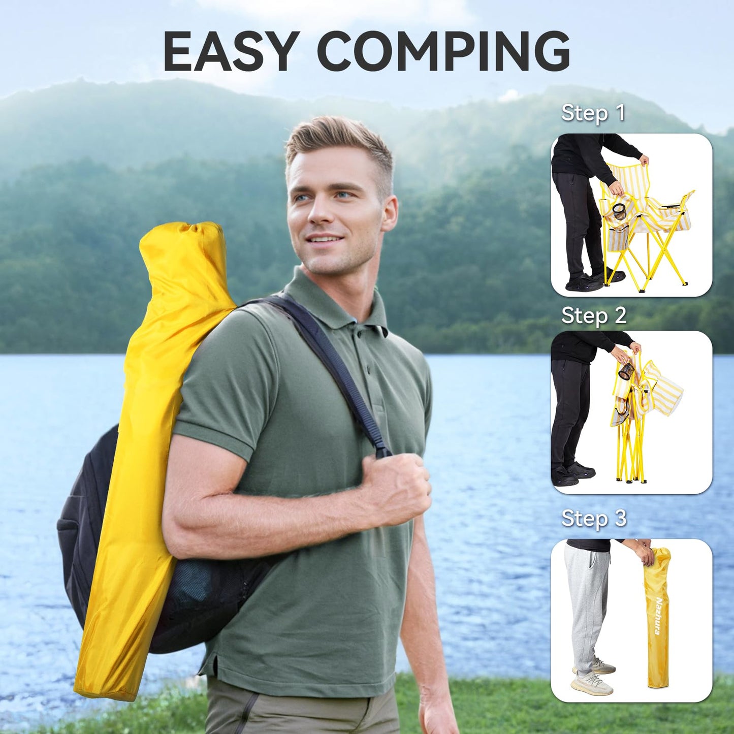 Nazhura 2 Pack Folding Camping Chair with Cooler Pouch, Mesh Backrest and Cup Holder Pocket (Yellow, 2 Pack)