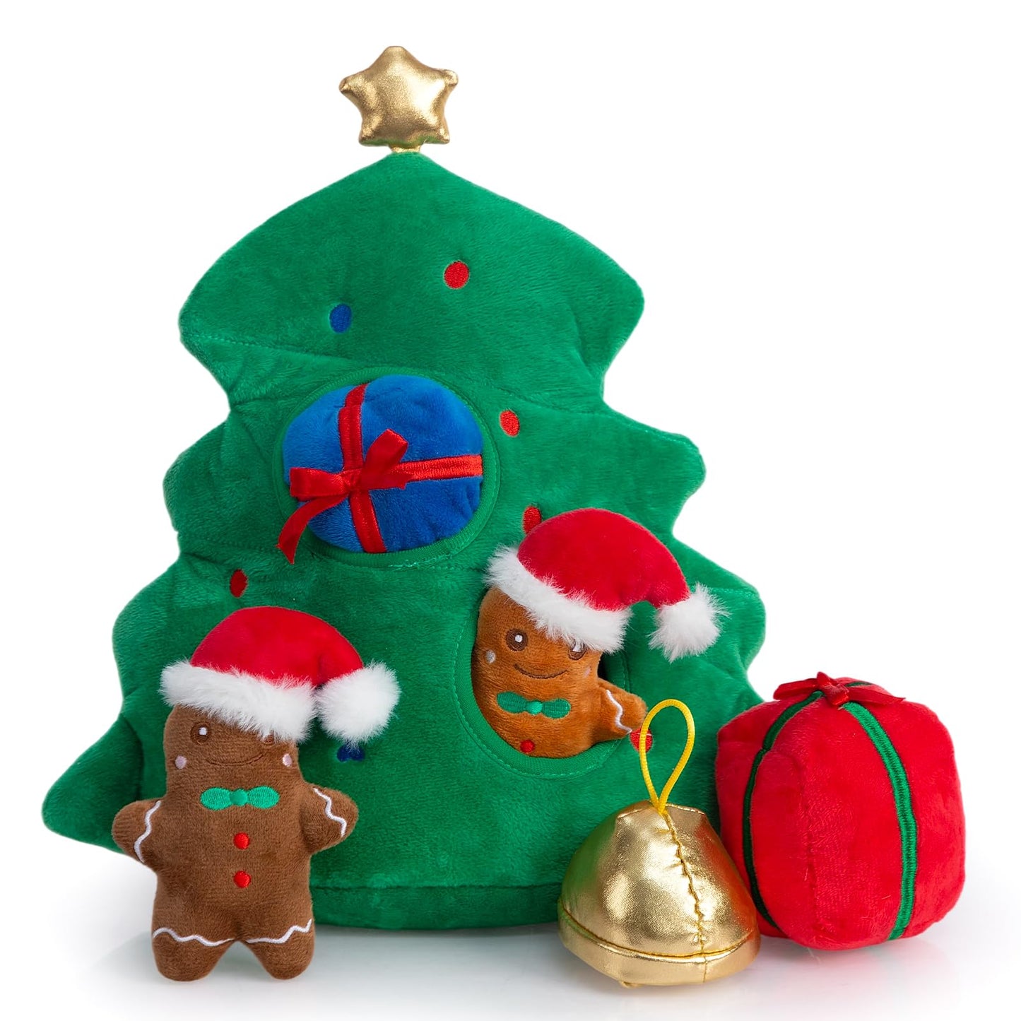Hollypet Squeaky Dog Toy, Interactive Plush Hide and Seek Dog Toys for Small Medium Sized Dogs and Non-Aggressive Chewers, Puppy Teeth Clean Chew Toys, Christmas Tree