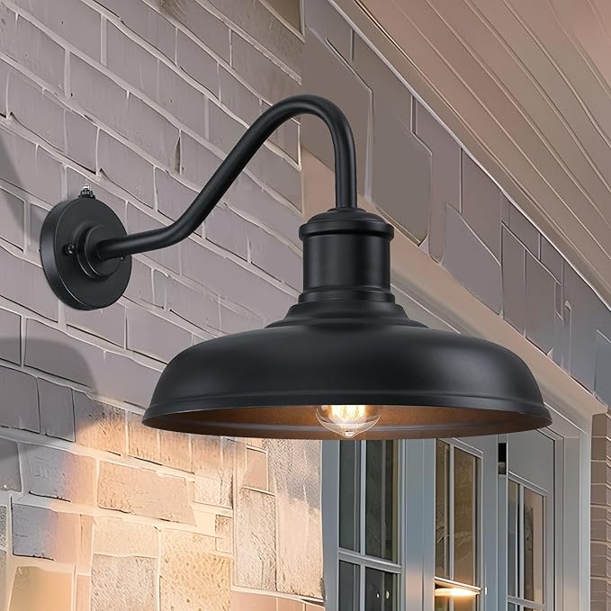 13.8'' Diameter Large Dusk to Dawn Outdoor Gooseneck Barn Light 2 Packs, Outdoor Wall Sconce Farmhouse Exterior Light Wall Lighting Fixture Industrial Outside Lantern for Porch, Patio, Garage, Black