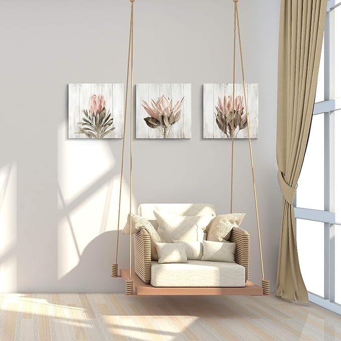 Floral Canvas Wall Art Print: Flower Bloom Picture Graphic Artwork Painting for Washrooms (12"x12"x3pcs)