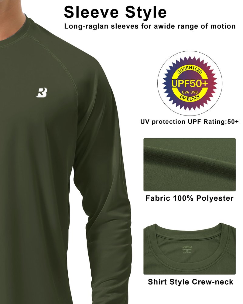 Roadbox Mens UPF 50+ UV Sun Protection Shirts Outdoor Long Sleeve SPF Diving Rash Guard for Fishing Hiking Swimming Dark Green