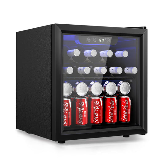 EUHOMY 48 Can Beverage Refrigerator cooler-Mini Fridge Glass Door for Beer Drinks Wines, Countertop Beverage Fridge with Adjustable Shelves Blue LED for Home/Office/Dorm/Bar, 1.3 cu.ft