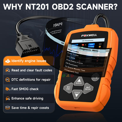 FOXWELL NT201 OBD2 Scanner Code Reader for Cars and Trucks Check Engine Light, Read and Clear Fault Codes, Live Data Diagnostic Tool for All Cars After 1996