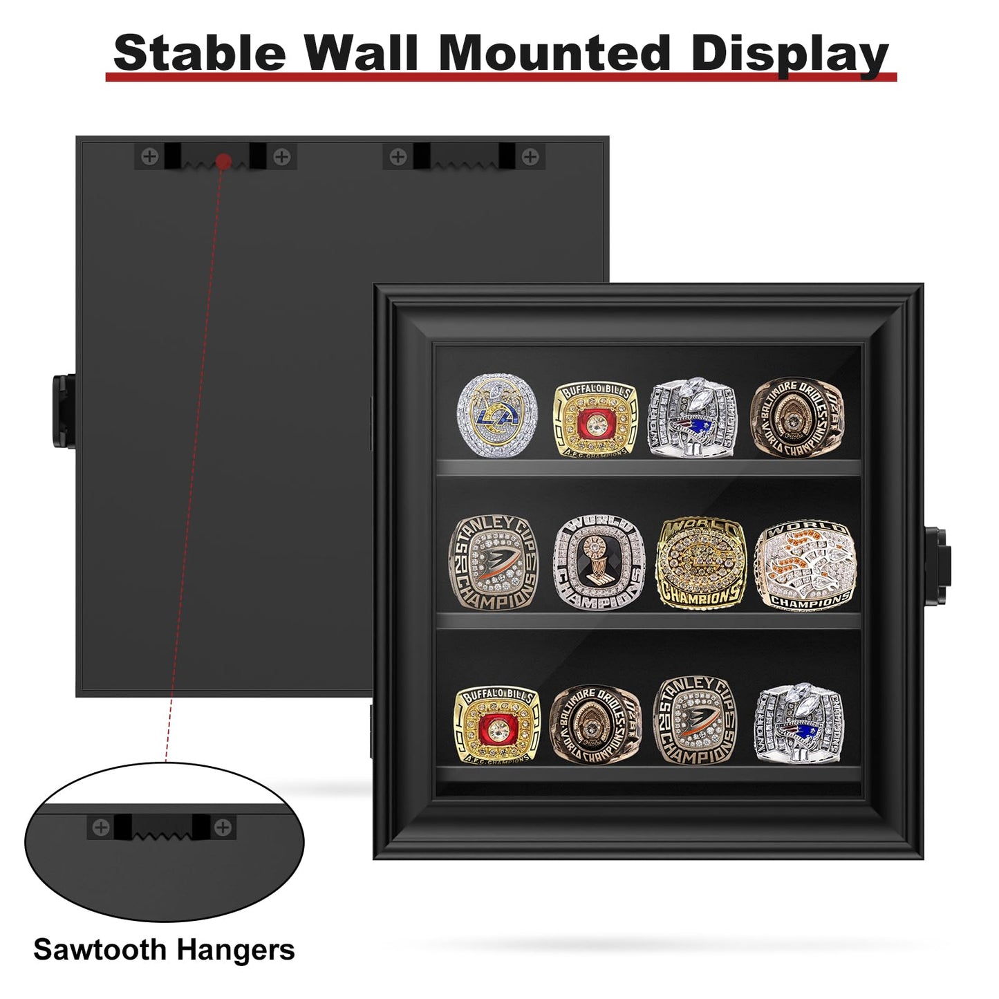 Championship Ring Display Case, 12 Ring Posts Baseball Ring Holder, Wall Mount Wooden Shadow Box for Multiple Championship Rings