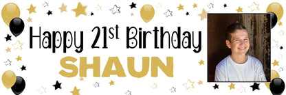 Large Personalised Banner Any Occasion Name with Photo for Men Women Boys Girls (6ftx2ft with PHOTO, Gold & Black Stars)