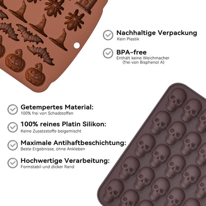 Gummy Skull Candy Molds Silicone, 4 Pack Mini Skull Gummie Chocolate Mold Halloween Spider Witch Hat Pumpkin Candy Gummy Mold with 4 Droppers for Chocolate, Candy, Jelly, Ice Cube, Dog Treat (Brown)