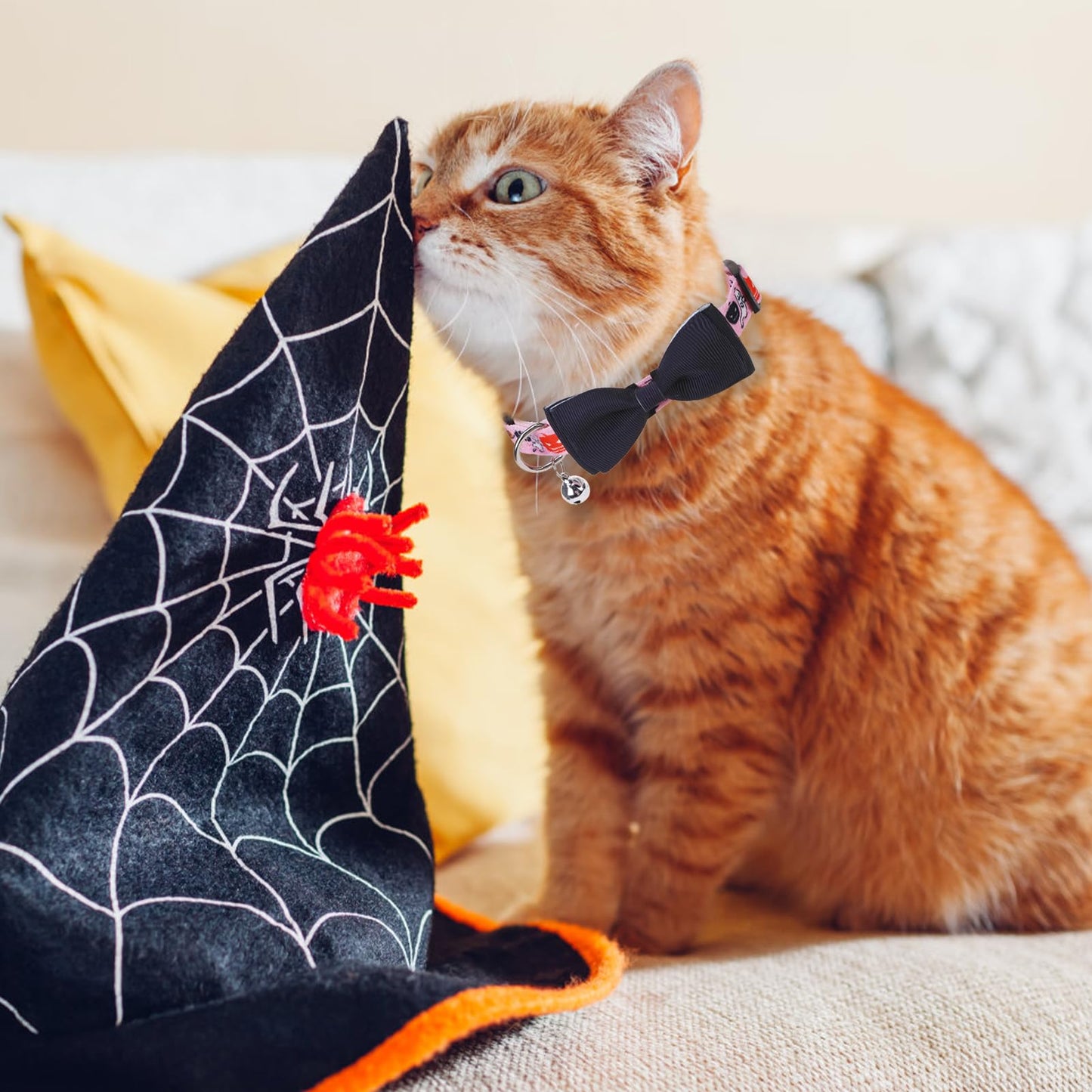 PUPTECK Halloween Bowtie Dog Collar with Bell 2 Packs, Adjustable Breakaway Puppy Collar, Sweet Gift for Small Dogs Pets, 11.8-15.7 in
