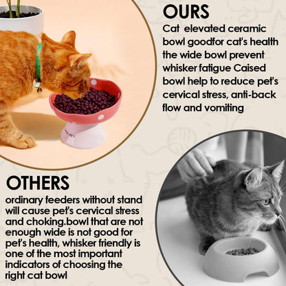 Ceramic Elevated Mushroom Cat Bowls, Tilted Raised Pet Dish Anti Vomit Kitten Bowl for Indoor Cats, Whisker Friendly Pet Food and Water Bowl for Kitten, Cat, Puppies, Dishwasher Safe (Red)