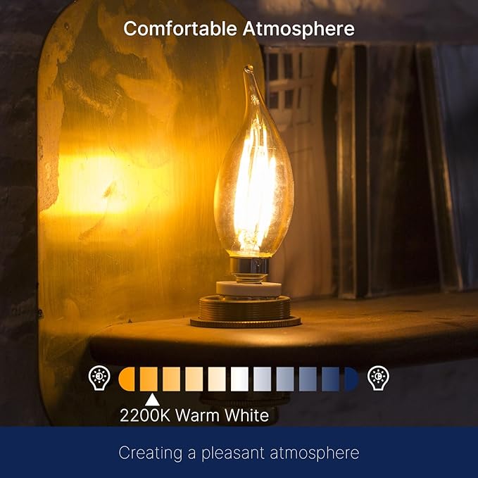 FLSNT CA11 E26 LED Candelabra Bulbs, Dimmable LED Chandelier Light Bulbs, 40W Equivalent, 2200K Warm White Light, 330LM, Amber Glass Finishing, 6 Pack UL,CA65 Listed.