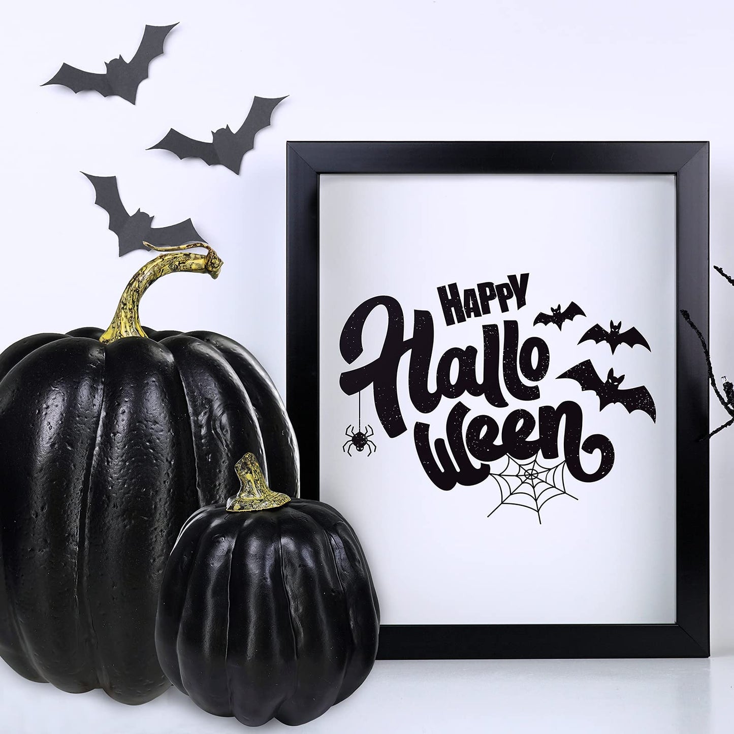Winlyn 7 Pcs Assorted Artificial Black Pumpkins Halloween Faux Rustic Decorative Foam Pumpkins for Fall Halloween Thanksgiving Tabletop Centerpiece Mantel Kitchen Decor