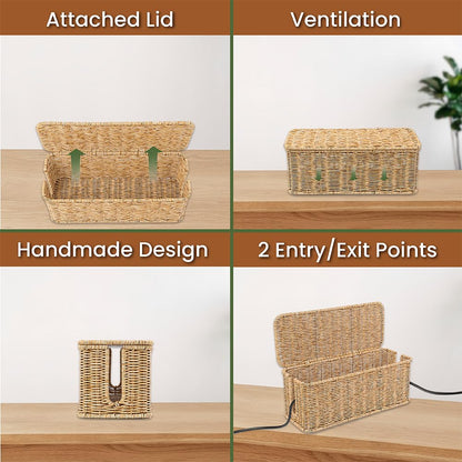 Cable Management Box, Handmade Rattan Cable Organizer, 2 Open Slots Cords Hider Box, Under Desk Cord Organizer for Computer Router USB Hub & Power Strip, Patent Pending, 13" x 5.1" x 5.1", Natural