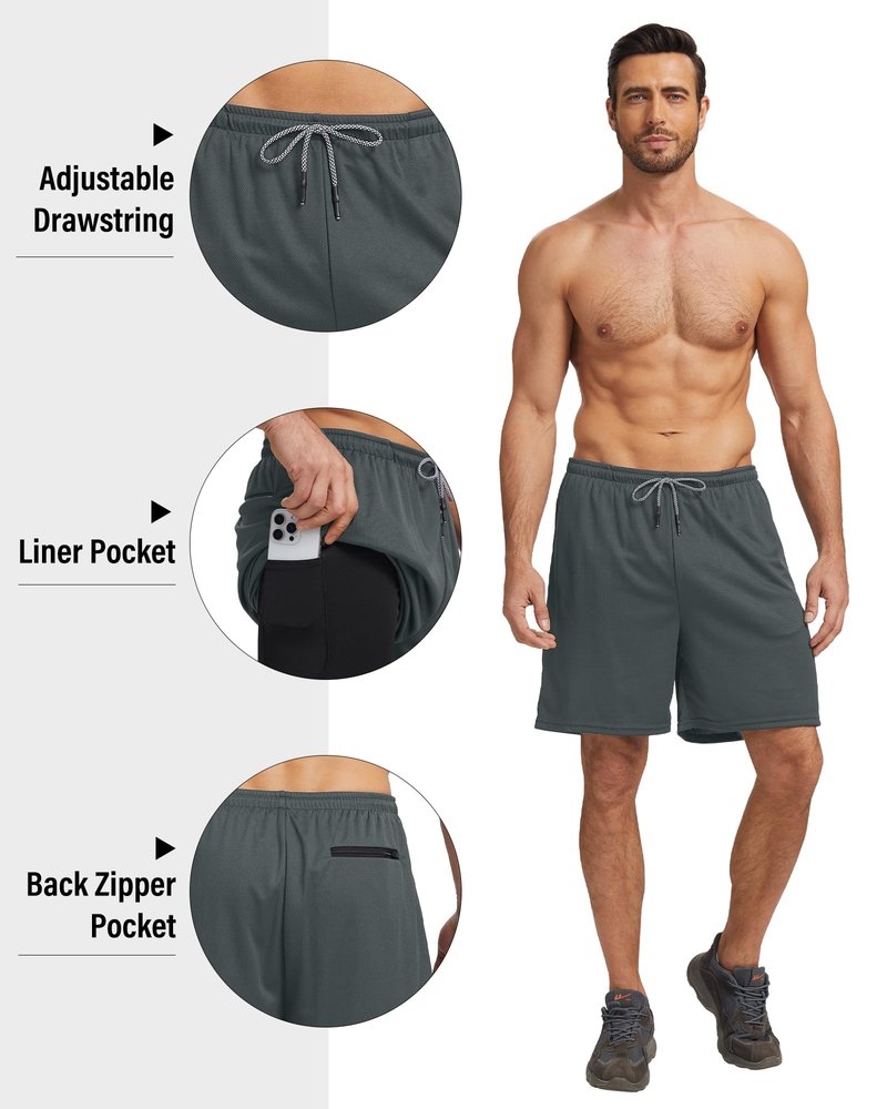 HOPLYNN 5 Pack Mens 2 in 1 Running Shorts with Liner, Quick Dry Workout Training Gym Athletic Sport Shorts with Pockets 2 Black 2 Gray 1 Blue Large
