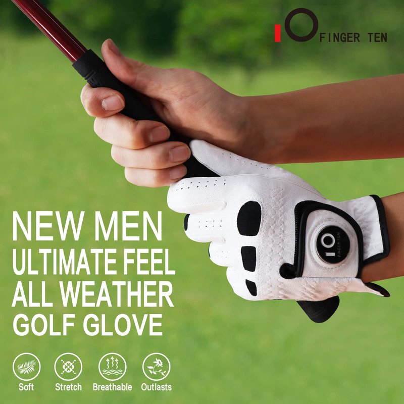 FINGER TEN Men’s Golf Gloves Left Hand Right with Ball Marker 2 Pack, Weathersof Grip Soft Comfortable, Fit Size Small Medium ML Large XL (Large, Worn on Left Hand)