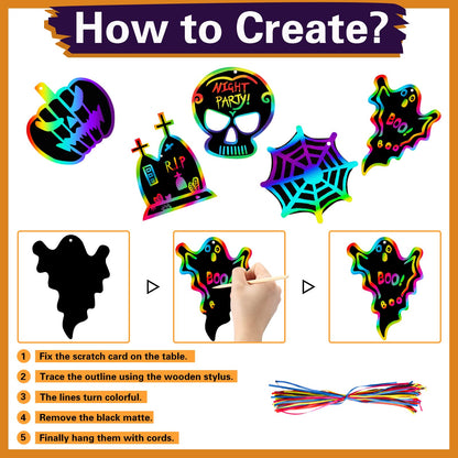 Max Fun Halloween Crafts for Kids Scratch Off Art Paper Cards 48Pack, Magic Rainbow Ornaments Hanging Supplies Educational Toys Kit Halloween Party Games Favor