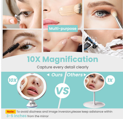 BEAUTURAL Makeup Mirror, 10X Magnifying Lighted Vanity Daylight White LED, Portable Illuminated Bathroom Mirror, 360 Degree Swivel Rotation and Locking Suction