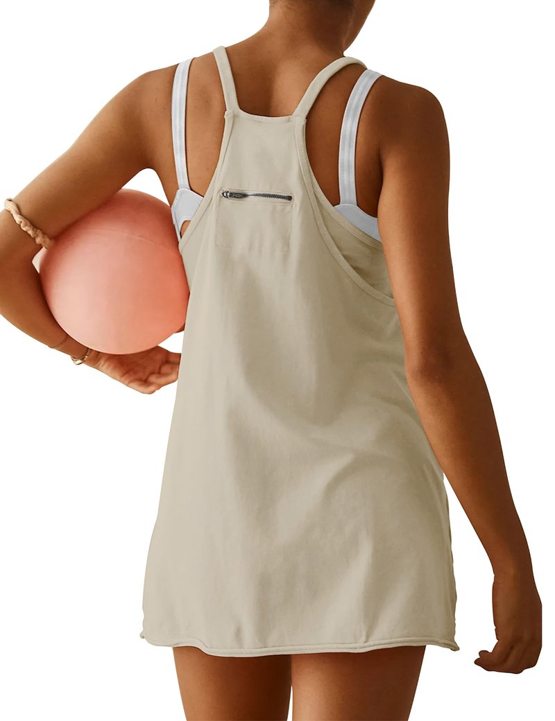VIUTIL Womens Athletic Dress Built in Shorts Hot Shot Mini Dress Spaghetti Straps Tennis Workout 2026 Summer Romper Dress, Khaki, Medium