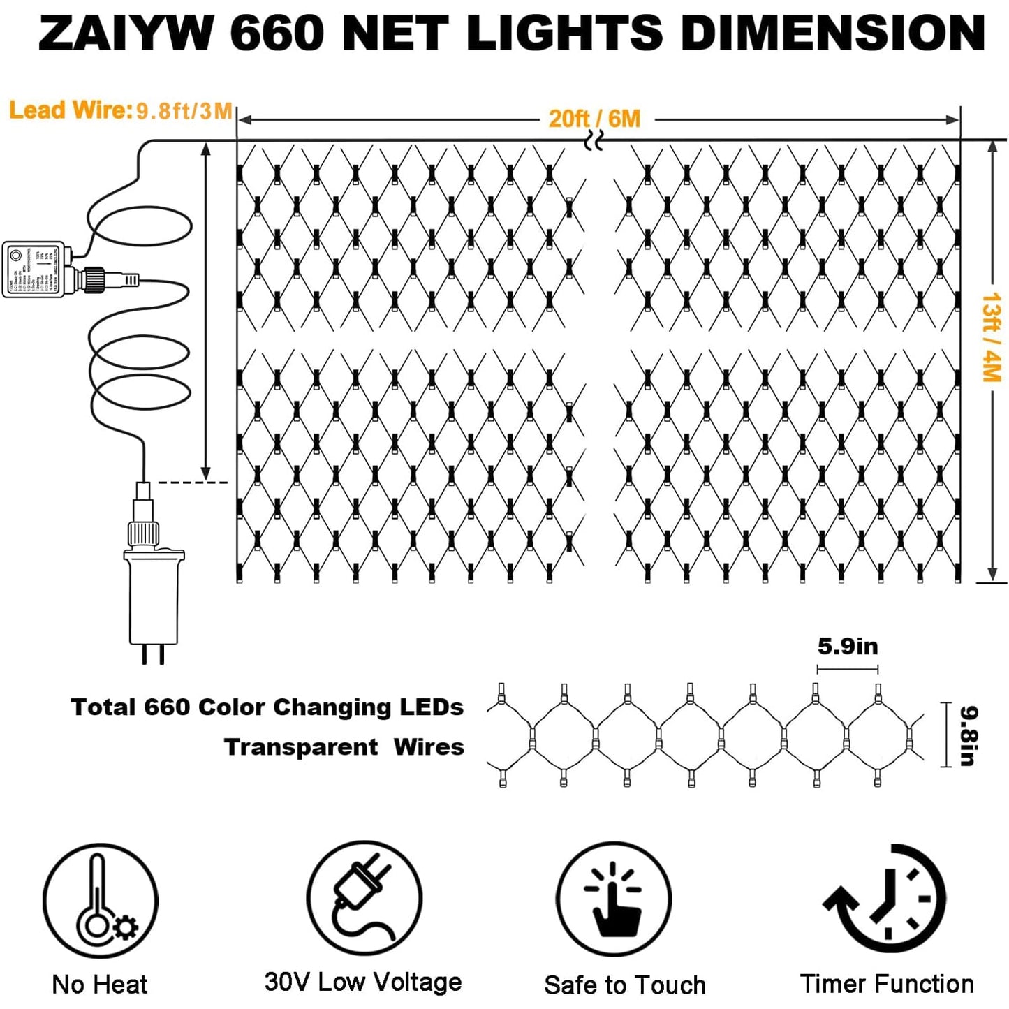 ZAIYW 660 LED Net Lights 20Ft x 13Ft Large Christmas Net Lights Plug in, Waterproof Outdoor Mesh Lights with Remote Control Timer for Bushes Garden Tree Holiday Decor (Cool White)
