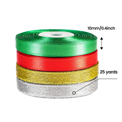 LIUYAXI 4 Rolls 3/8" Christmas Ribbon - Glitter Metallic Ribbon & Satin Ribbons Set, Total 100 Yards Xmas Holiday Festival for Gift Wrapping, Crafts, Festival Ornaments, Wedding Party Decoration