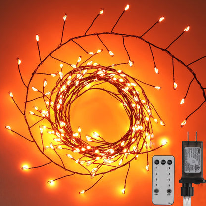 Halloween Fairy Lights Plug in, 10Feet 200 LEDs Firecracker String Lights with Remote, Cluster String Lights for Ceiling Bedroom Wreath Garland Window Bar Haunted Theme Halloween Decoration, Orange