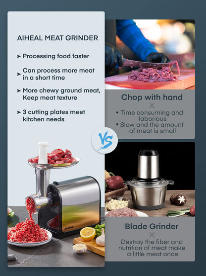 Electric Meat Grinder, Sausage Stuffer with 3 Sausage Tubes, 2 Blades, 3 Plates, 3200W Max, Meat Grinder Heavy Duty for Home Kitchen Use, Stainless Steel (Black)