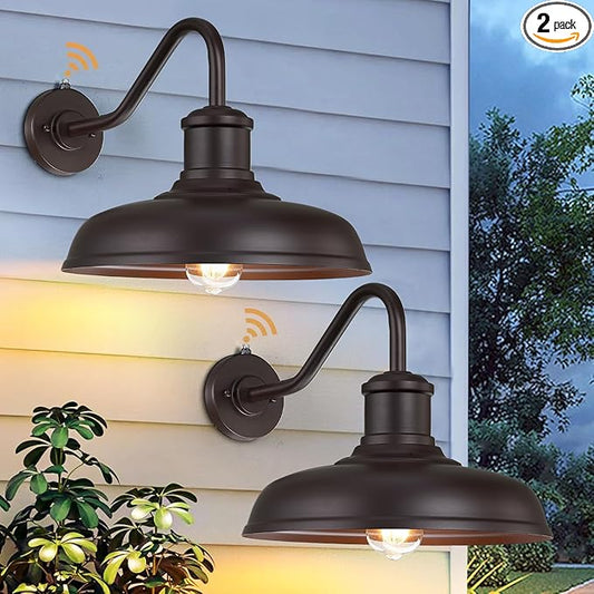 13.8'' Large Dusk to Dawn Outdoor Gooseneck Barn Light, 2-Pack Outdoor Wall Sconce Farmhouse Exterior Light Wall Lighting Fixture Industrial Lantern for Porch, Entryway, Garage, Brown