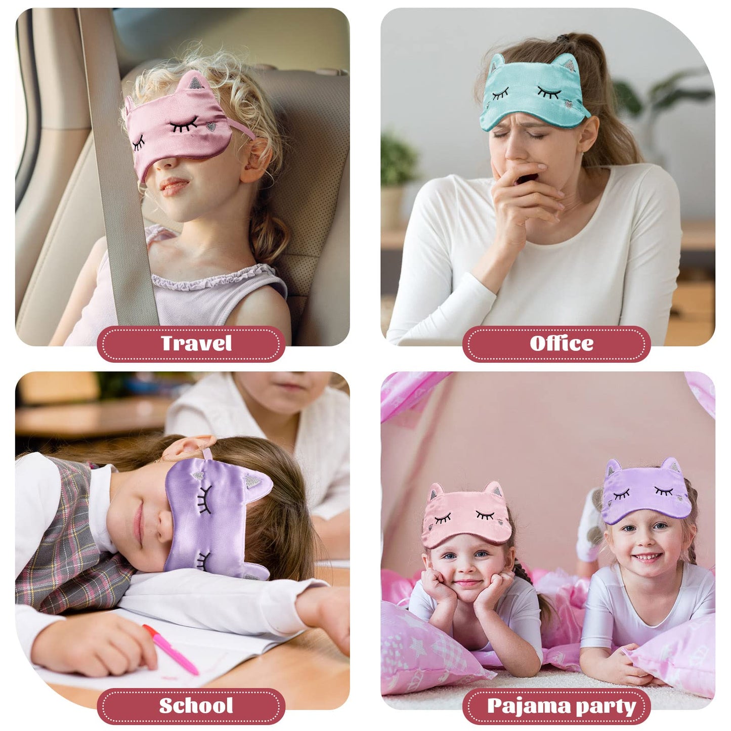 Haysandy Cute Animal Cartoon Eye Masks - 3 Pack (White, Gray, Pink) - Silk Material - Soft & Comfortable - Lightweight - Adult & Kids - Pull On - Sleep Masks