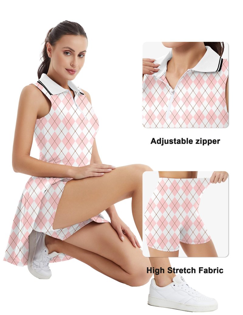 FKEEP Women's Tennis Golf Dress Sport Activewear Workout Athletic Zipper V-Neck with Shorts and Pocket (Pink Checkered, XL)