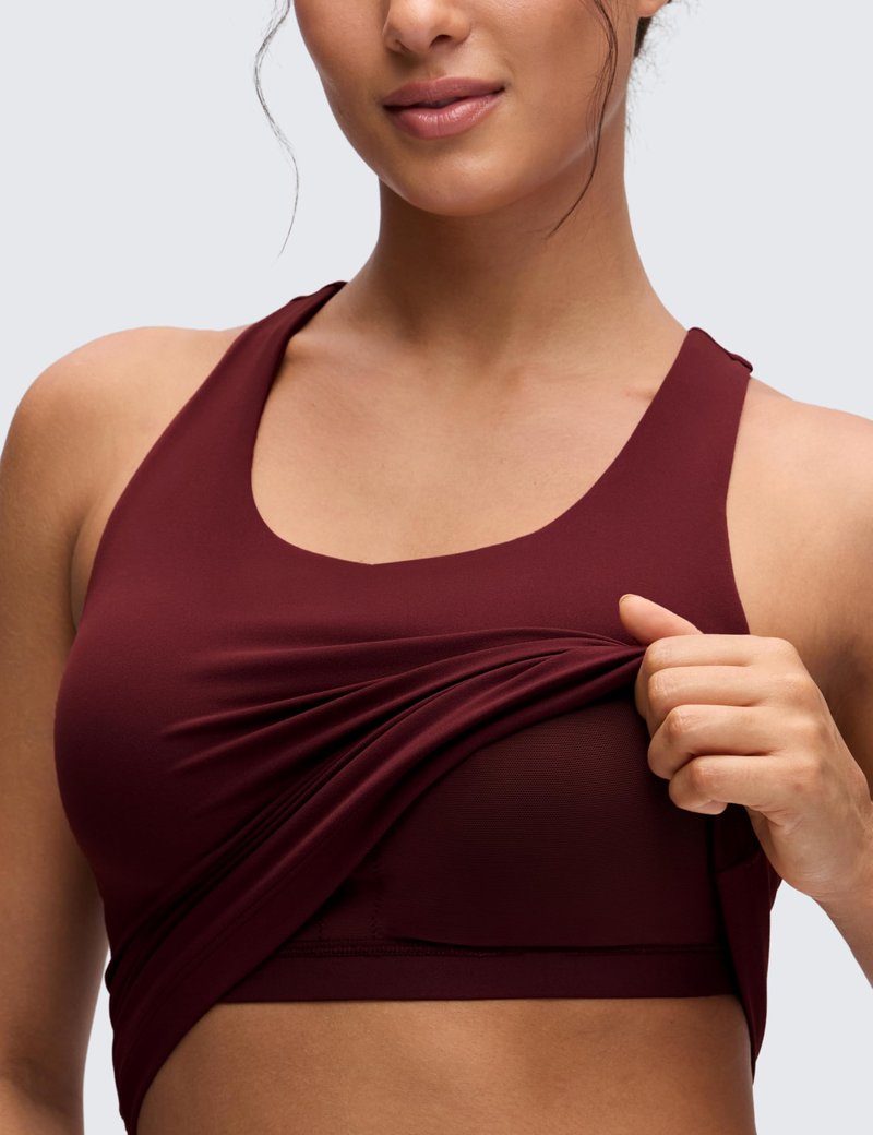 CRZ YOGA Butterluxe Workout Racerback Tank Tops for Women - Padded Athletic Spandex Yoga Shirts with Built in Bra Red Merlot Large