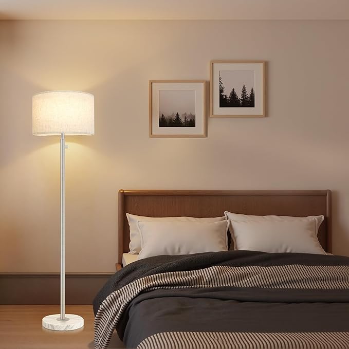 Floor Lamp for Bedroom,Dimmable Brushed Nickel Floor Lamp,Modern Standing Lamp with Marble Base,Tall Standing Lamp for Bedroom, Reading,Office & Kids' Room,LED Bulb Included