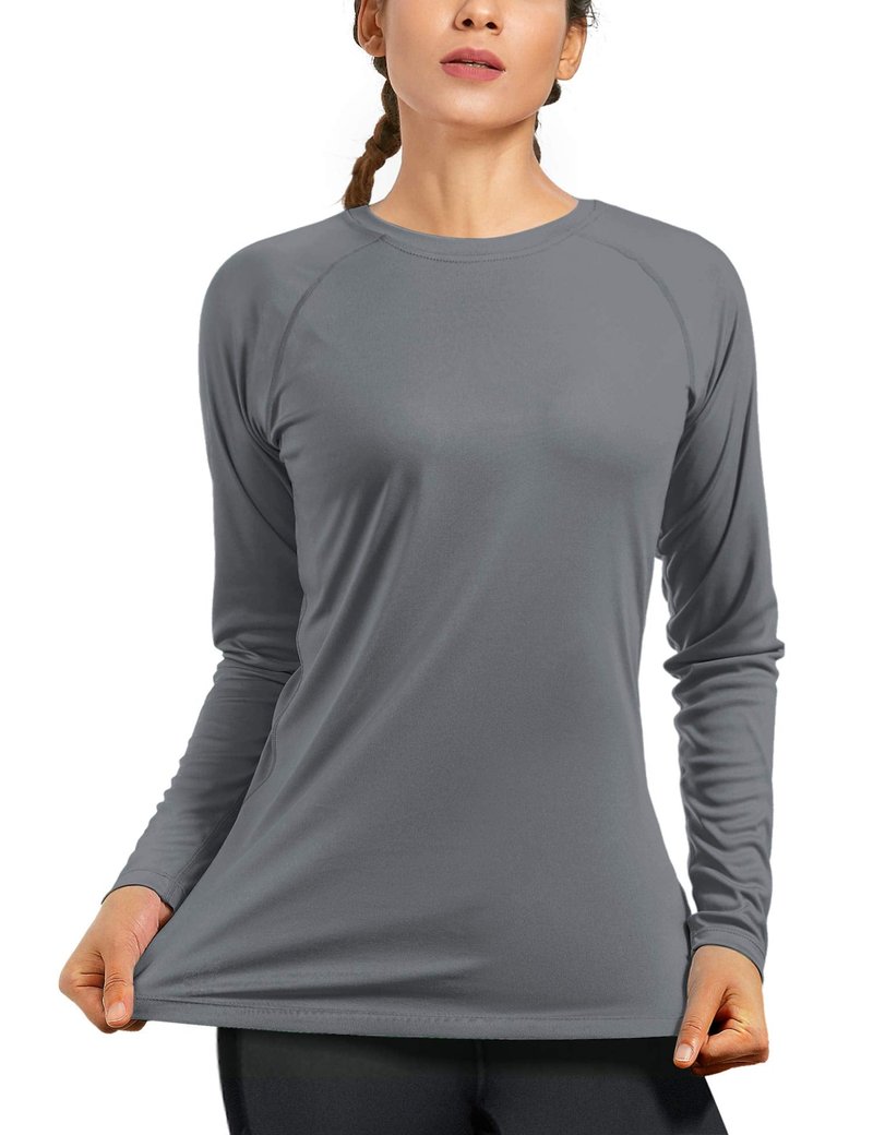 isnowood Womens Long Sleeve Rash Guard, UV UPF 50+ Sun Protection Shirts, Quick Dry Lightweight Tops for Swimming Workout Hiking Running Gray