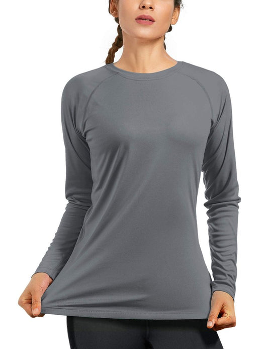 isnowood Women's Sun Protection Long Sleeve Shirts, UPF 50+ UV Rash Guard Swim Shirt, Workout Hiking Running Athletic Tops Gray
