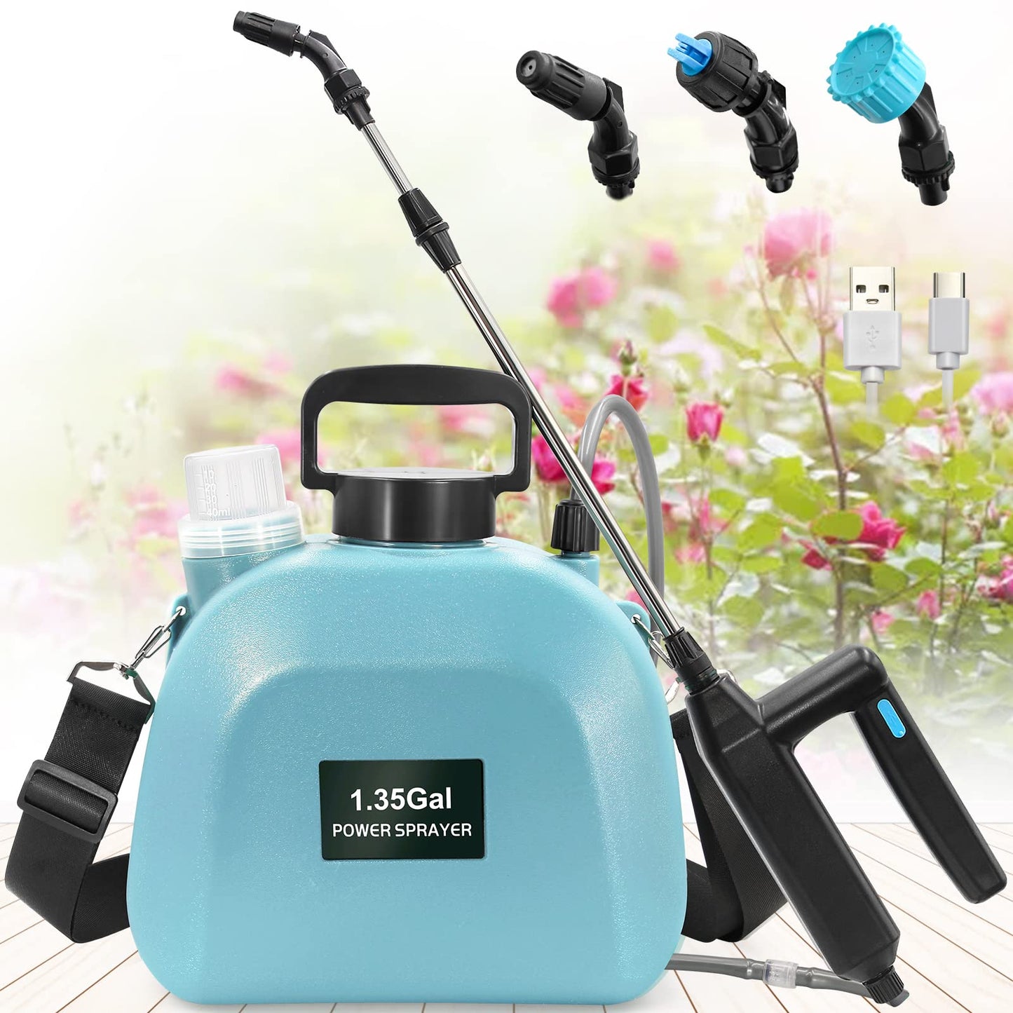 Battery Powered Sprayer 1.35Gallon, Upgrade Garden Sprayer with 3 Mist Nozzles, USB Rechargeable Handle and Retractable Wand with Adjustable Shoulder Strap for Lawn,Garden,Cleaning