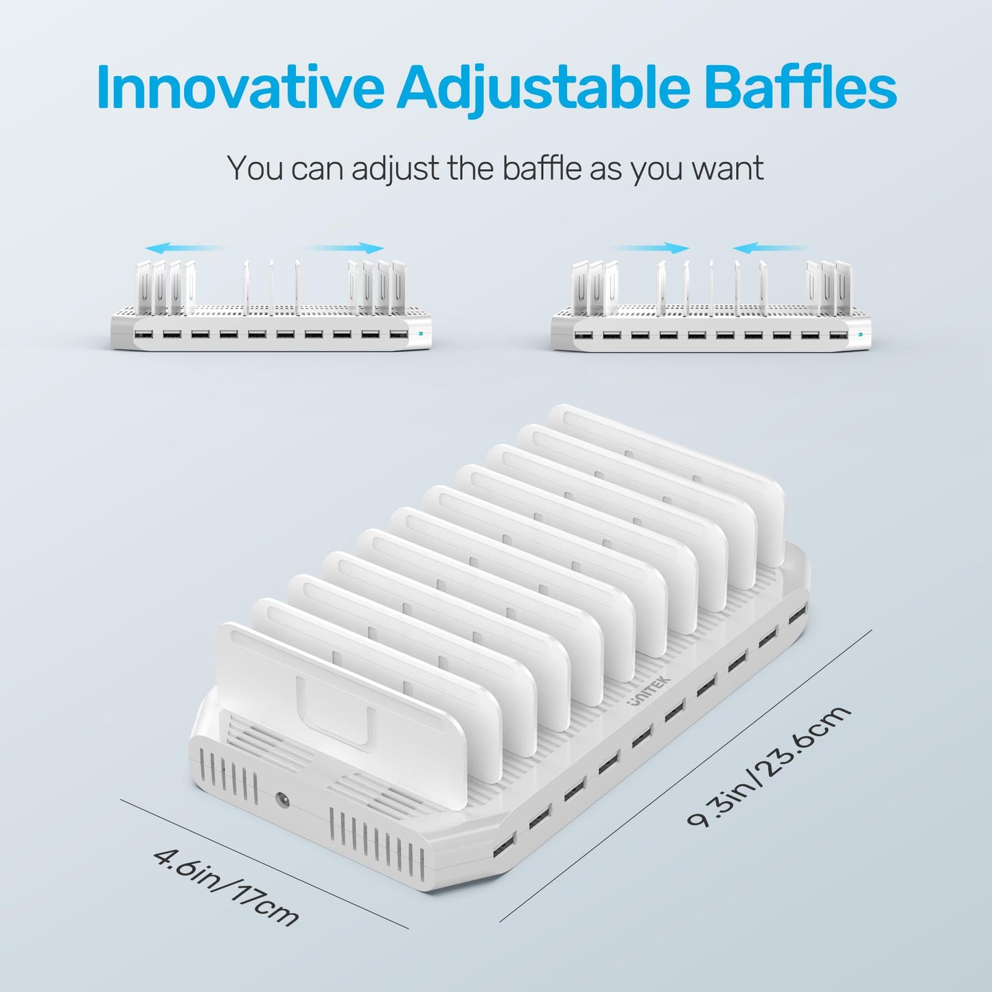 【5PCS】 Unitek Multi Charging Station, 10-Port USB Charger for Multiple Device with SmartIC Tech and Adjustable Dividers, Organizer Stand Compatible with iPad, Tablet, Kindle, iPhone - 5PCS, White
