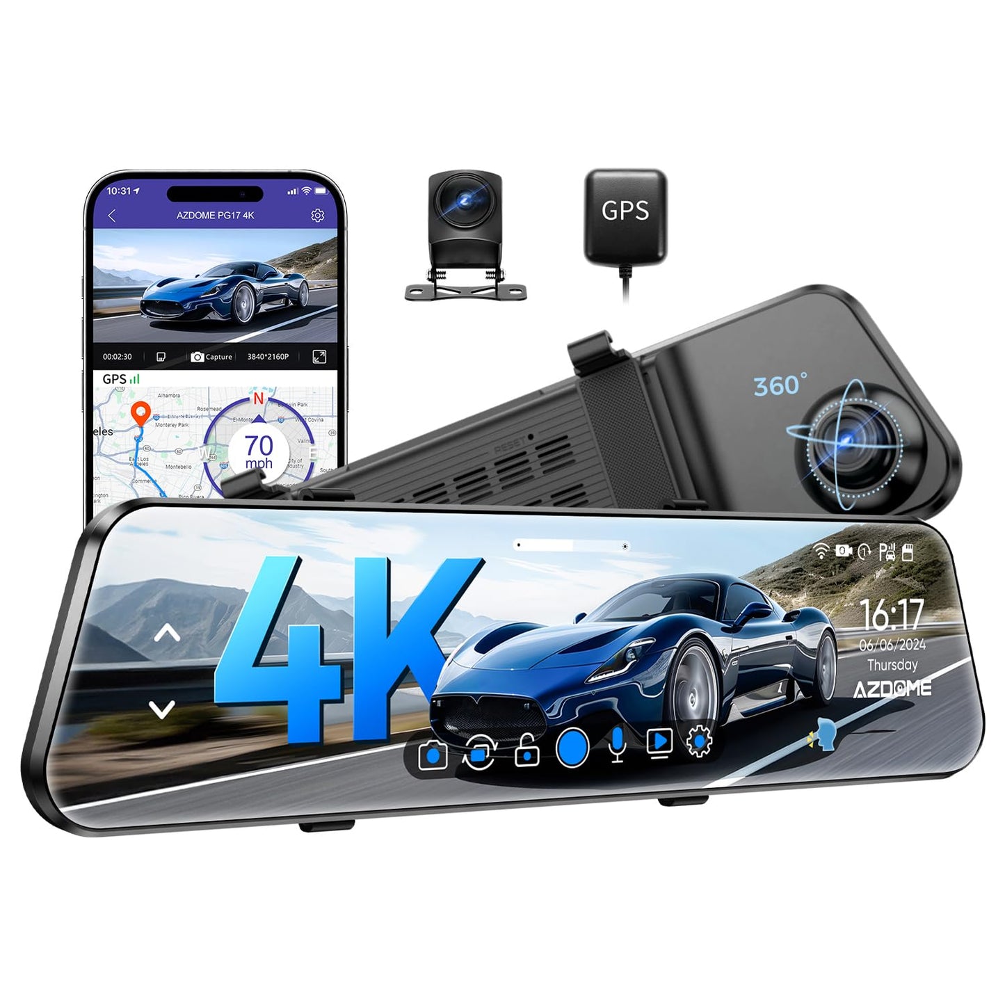 AZDOME PG17 12" 4K Mirror Dash Cam Front and Rear, Wi-Fi 6 Rear View Mirror Camera with 64GB Card, Voice Control Dash Camera for Car, Rearview Mirror Camera with GPS Night Vision Parking Assistance
