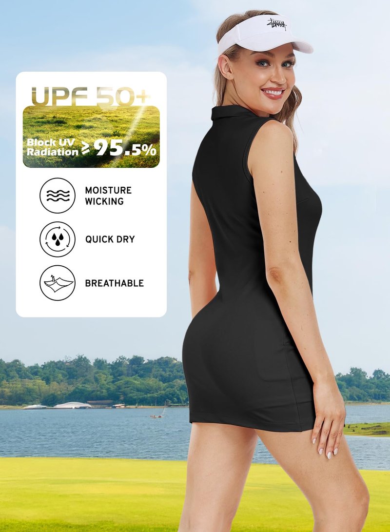 Hiverlay Women's Tennis Dress with Shorts Underneath and Pockets V Neck Collar Sports Athletic Workout Sleeveless Dress Black Large