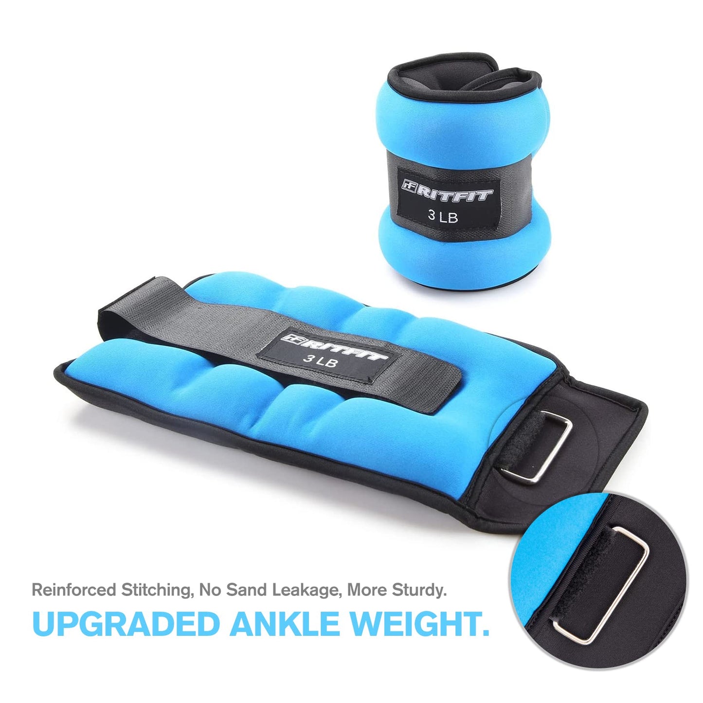 RitFit Ankle Wrist Weights for Women & Men (1 Pair) (Blue - 3 lbs Each)