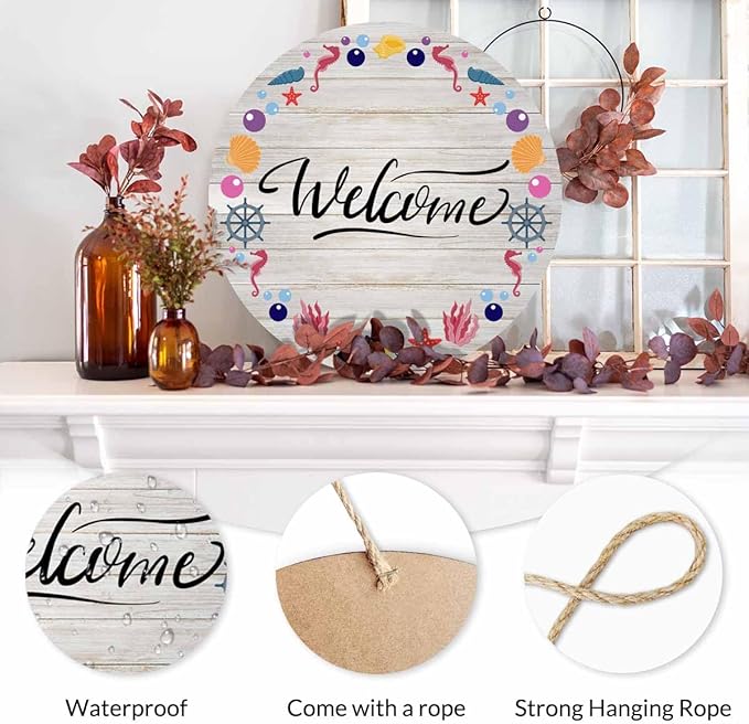 Welcome Front Door Sign Decor Nautical Marine Shell Pattern 12in Wooden Sign Suitable for Home/Wall/Porch Decoration