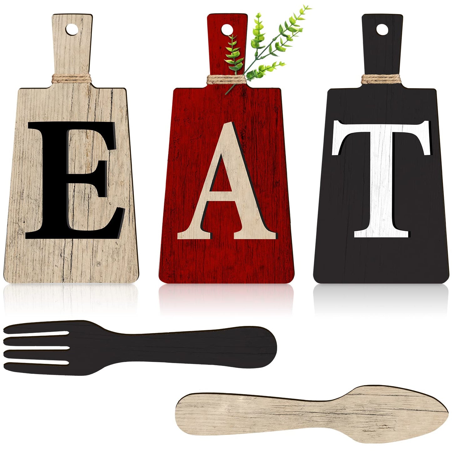 Jetec Cutting Board Eat Sign Set Hanging Art Kitchen Eat Sign Fork and Spoon Wall Decor Rustic Primitive Country Farmhouse Kitchen Decor for Home Decoration(Red, Beige, Gray)