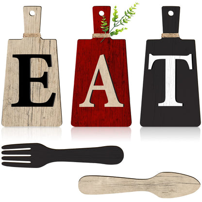Jetec Cutting Board Eat Sign Set Hanging Art Kitchen Eat Sign Fork and Spoon Wall Decor Rustic Primitive Country Farmhouse Kitchen Decor for Home Decoration(Red, Beige, Gray)