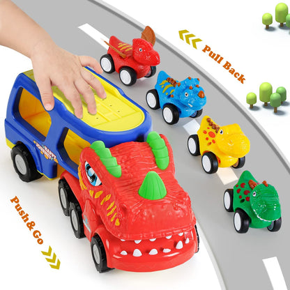 INSTOY Toddler Truck Toys for 2 3 4 5 Year Old Boys Gifts, 5-Pieces Dinosaur Car Toys for Boys Age 2 3 4 5 6, Monster Truck Toy for Kids 2-4, Pull Back Cars for Toddlers Girls Age 2-5 Birthday Gifts