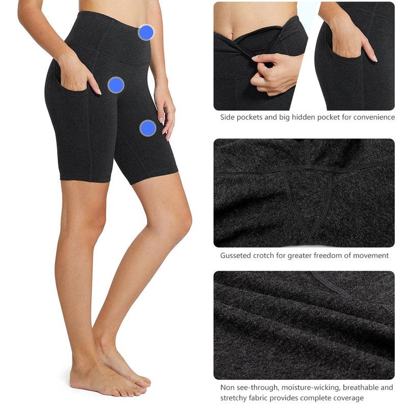 baleaf Biker Shorts Women Yoga Gym Workout Spandex Running Volleyball Tummy Control Compression with Pockets 8" 2-Pack Black/Charcoal M