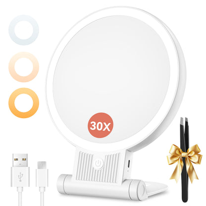 Auxmir 30X Magnifying Mirror, Double Sided 1X /30X Makeup Mirror with Light, Folding Lighted Rechargeable Beauty for Travel, Rotating 3 Color Lights, Dimmable Touch Screen