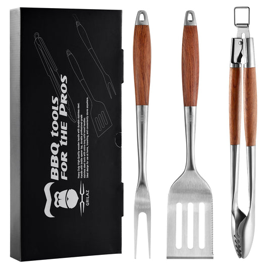 GRILAZ Heavy-Duty Rose Wooden BBQ Grilling Tools Set. Extra Thick Stainless Steel Multi-Function Spatula, Fork & Tongs | Essential Accessories for Barbecue & Grill. Ideal Gift for Father…