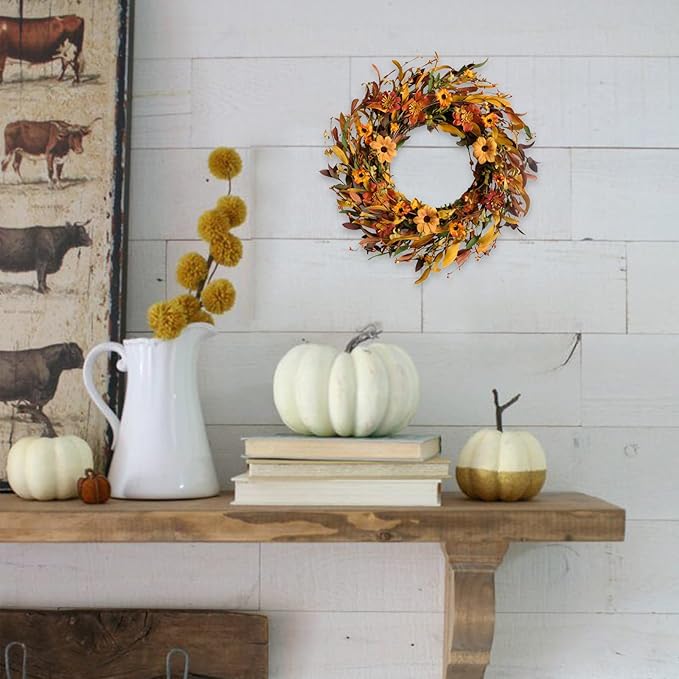 Fall Front Door Wreath,18” Artificial Floral Wreaths with Colorful Daisies and Fall Orange Wreath for Front Door Wall Window and Thanksgiving Decor