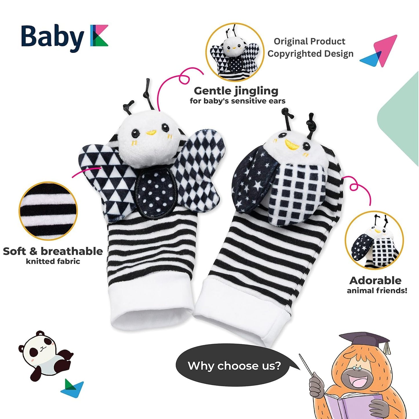 BABY K Baby Rattle Socks & Wrist Toys (Set E) - Newborn Toys for Baby Boy or Girl - Brain Development Infant Toys - Hand and Foot Rattles Suitable for 0-6, 6-12 Months Babies - Newborn Baby Gifts