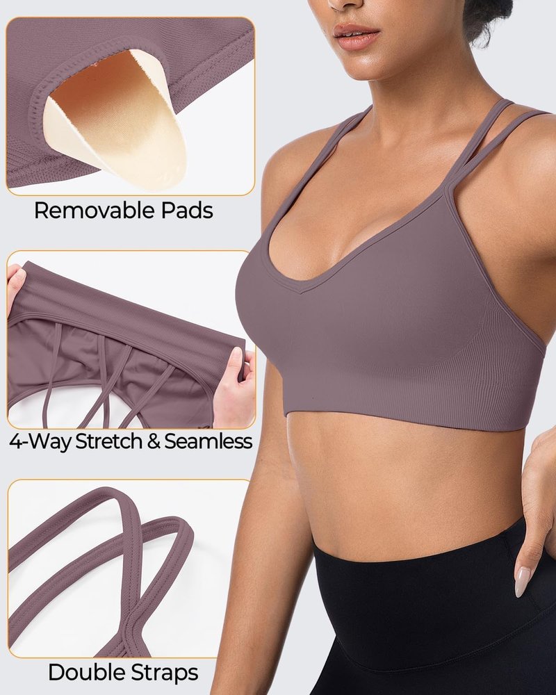 UOOMON Sports Bras for Women V-Neck Strappy Sports Bra Padded Criss Cross Back Medium Support Workout Yoga Bra for Gym Athletic Fitness 3 Pack