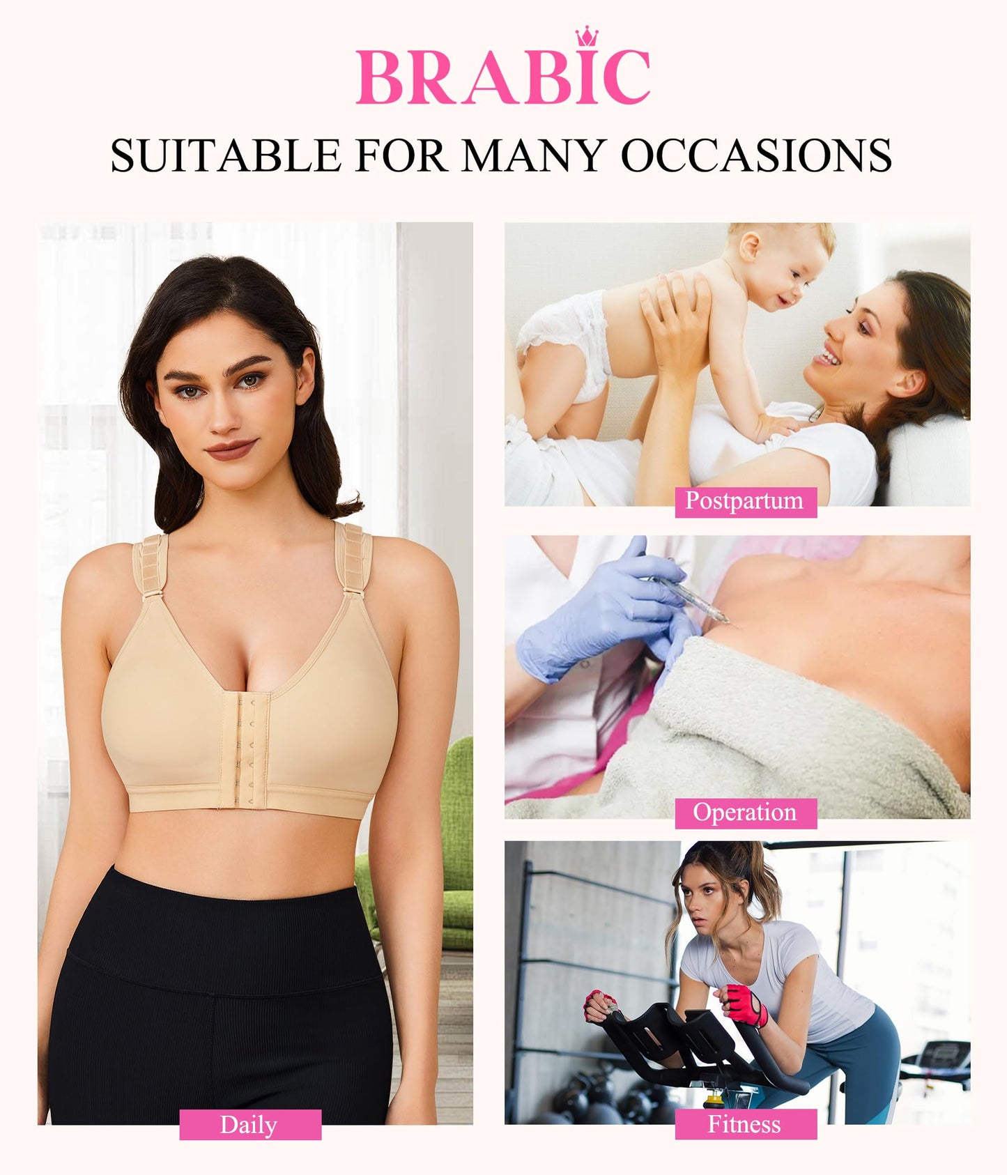 BRABIC Women Post-Surgical Sports Support Bra Front Closure with Adjustable Straps Wirefree Racerback (Beige, 2XL (fit for 40B 40C 42A 42B))