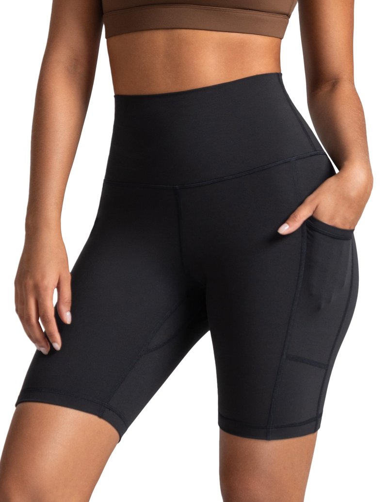 Colorfulkoala Women's High Waisted Biker Shorts with Pockets - 8" Inseam Workout Yoga Shorts Running Tights (L, Black)