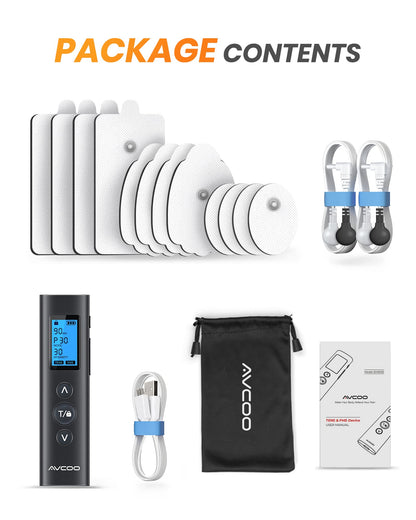AVCOO 30 Modes TENS EMS Unit Compact Muscle Stimulator for Pain Relief of Back, Shoulder, Neck, Rechargeable & Portable Dual Channel EMS Muscle Stimulator with 30 Intensity Levels, 12 Electrode Pads